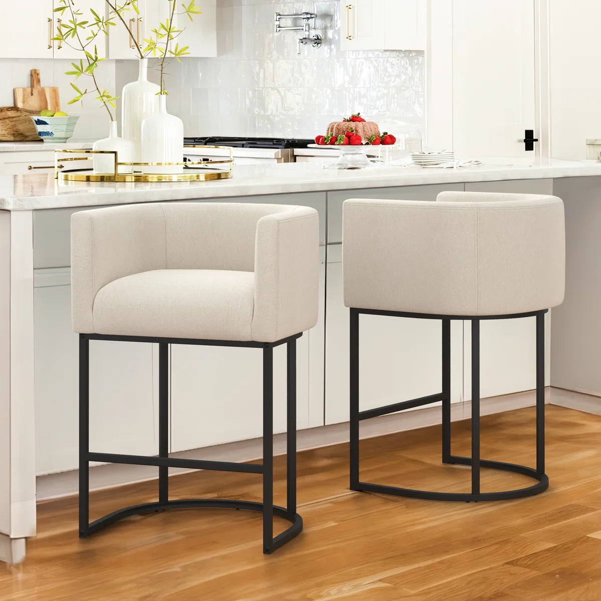 Furnishiaa Modern Linen Counter Stools – 2-Piece Set with Bucket-Style Seat & Metal Sled Base