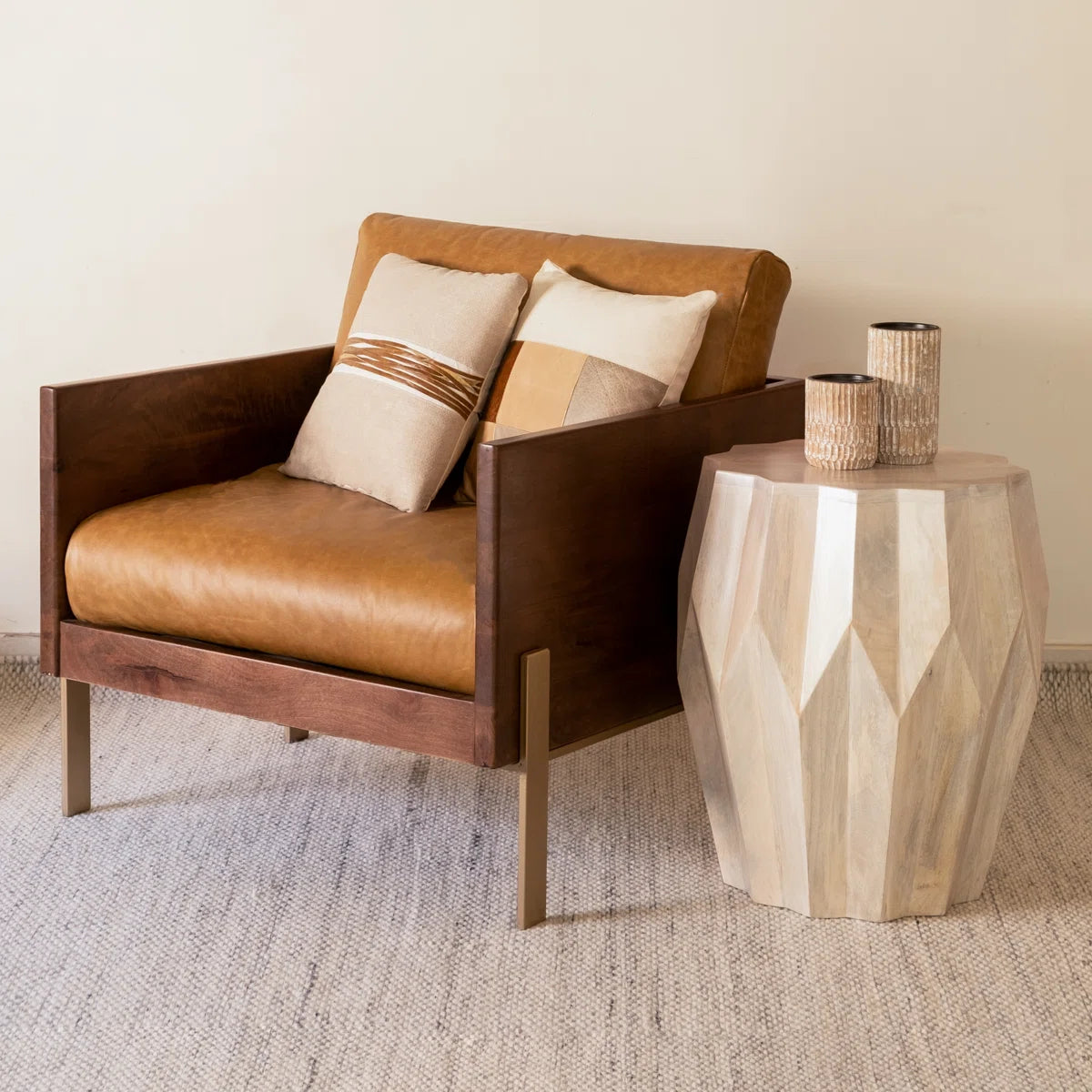 Furnishiaa Solid Sheesham Wood Geometric Side Table – Modern Drum Design