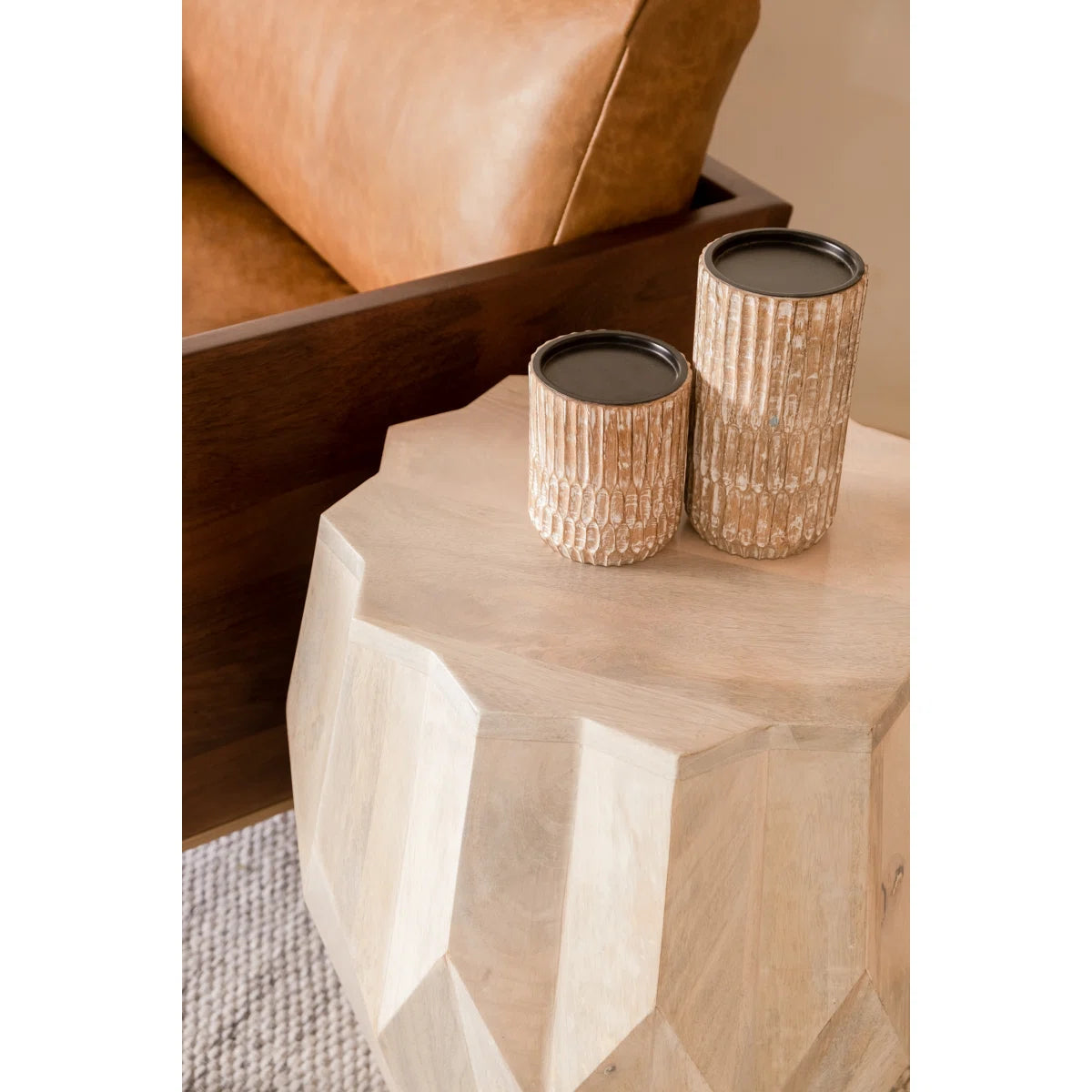 Furnishiaa Solid Sheesham Wood Geometric Side Table – Modern Drum Design