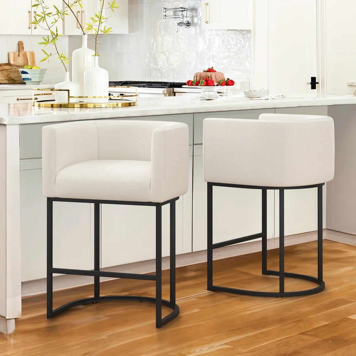 Furnishiaa Modern Linen Counter Stools – 2-Piece Set with Bucket-Style Seat & Metal Sled Base