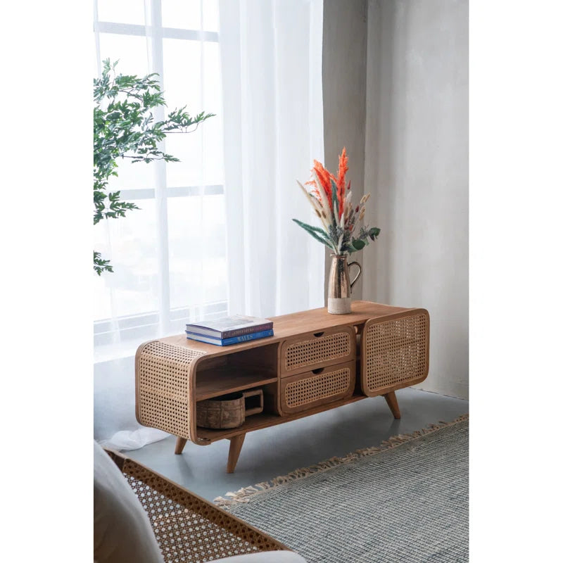 Furnishiaa Solid Sheesham Wood & Rattan Media Cabinet