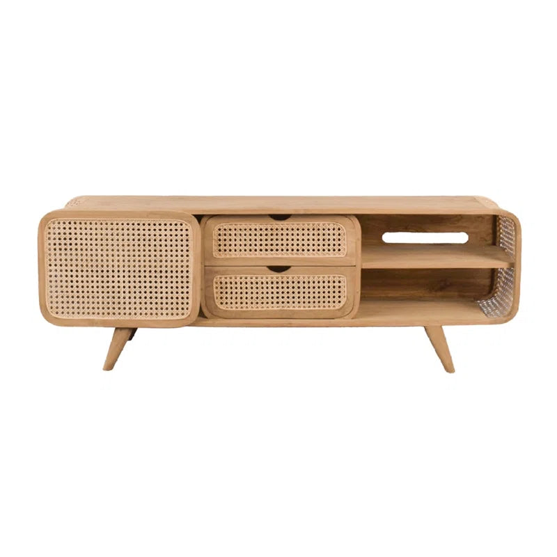 Furnishiaa Solid Sheesham Wood & Rattan Media Cabinet