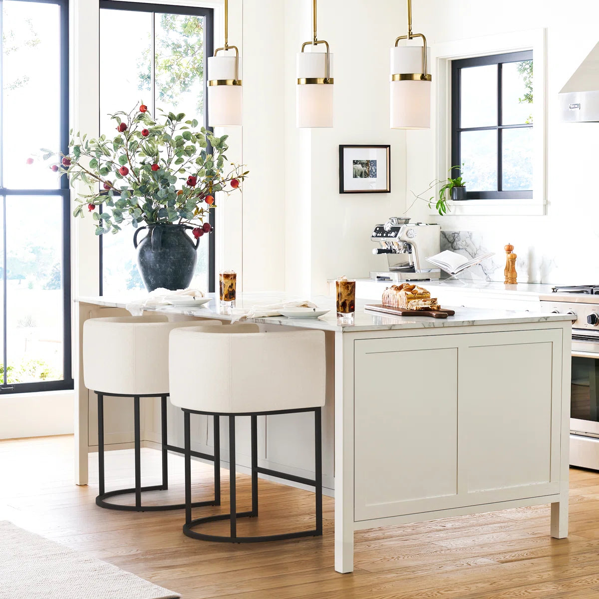 Furnishiaa Modern Linen Counter Stools – 2-Piece Set with Bucket-Style Seat & Metal Sled Base