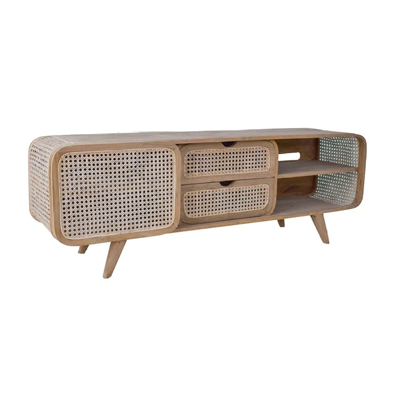 Furnishiaa Solid Sheesham Wood & Rattan Media Cabinet