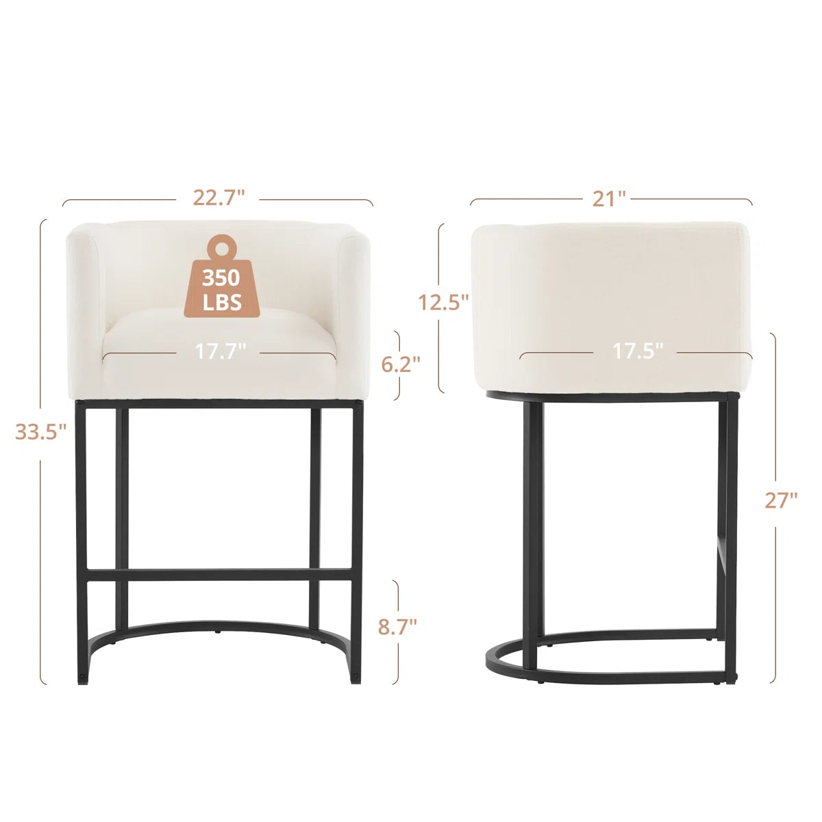 Furnishiaa Modern Linen Counter Stools – 2-Piece Set with Bucket-Style Seat & Metal Sled Base
