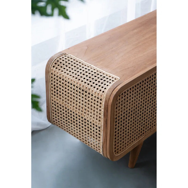 Furnishiaa Solid Sheesham Wood & Rattan Media Cabinet