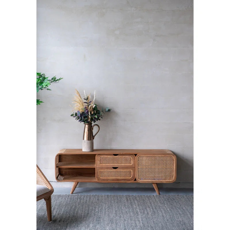 Furnishiaa Solid Sheesham Wood & Rattan Media Cabinet