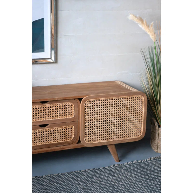 Furnishiaa Solid Sheesham Wood & Rattan Media Cabinet