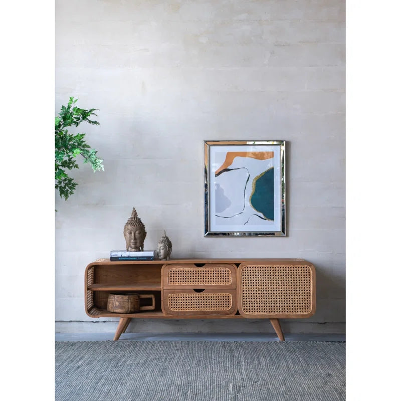 Furnishiaa Solid Sheesham Wood & Rattan Media Cabinet