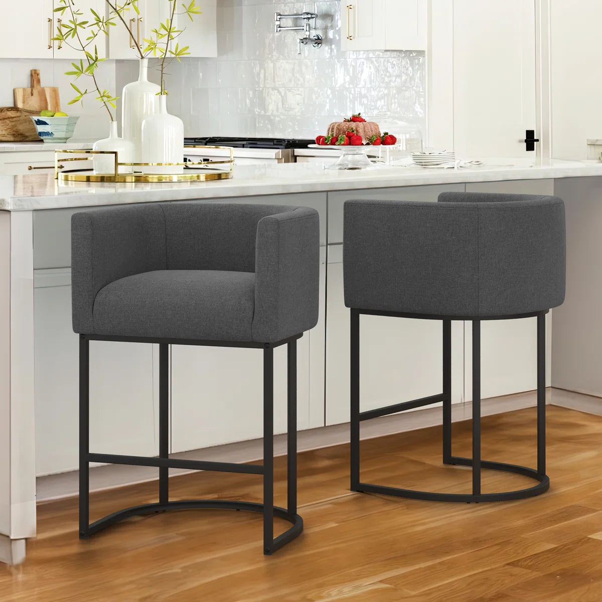 Furnishiaa Modern Linen Counter Stools – 2-Piece Set with Bucket-Style Seat & Metal Sled Base
