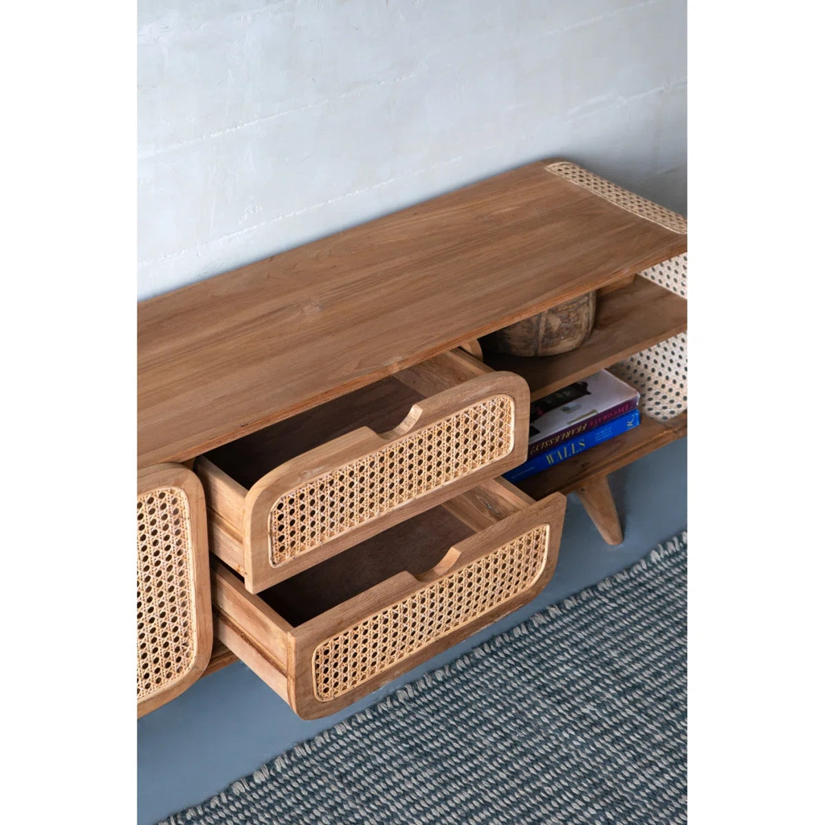 Furnishiaa Solid Sheesham Wood & Rattan Media Cabinet