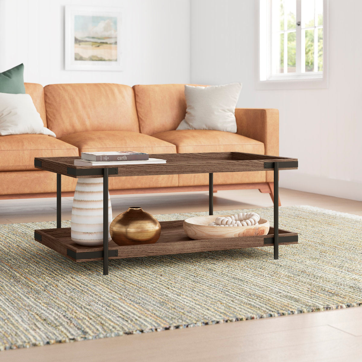Furnishiaa rustic oak wood and metal coffee table with storage shelf – main image