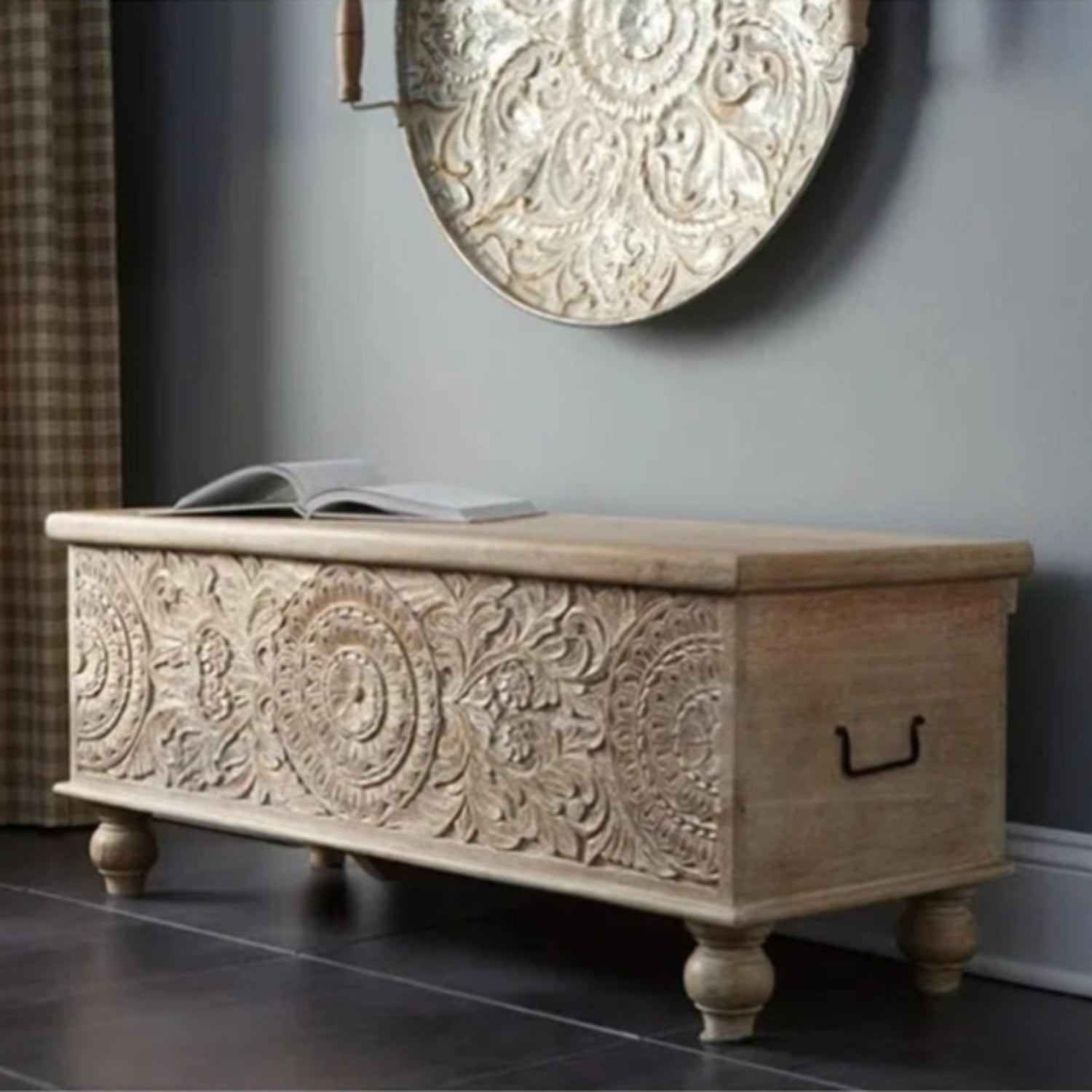 Furnishiaa Solid Wood Carved Storage Bench