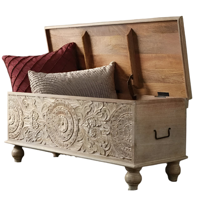 Furnishiaa Solid Wood Carved Storage Bench