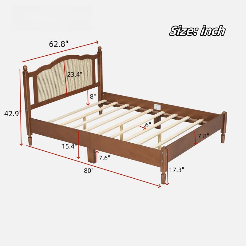 Furnishiaa Style Solid Sheesham Wood & Rattan Platform Bed