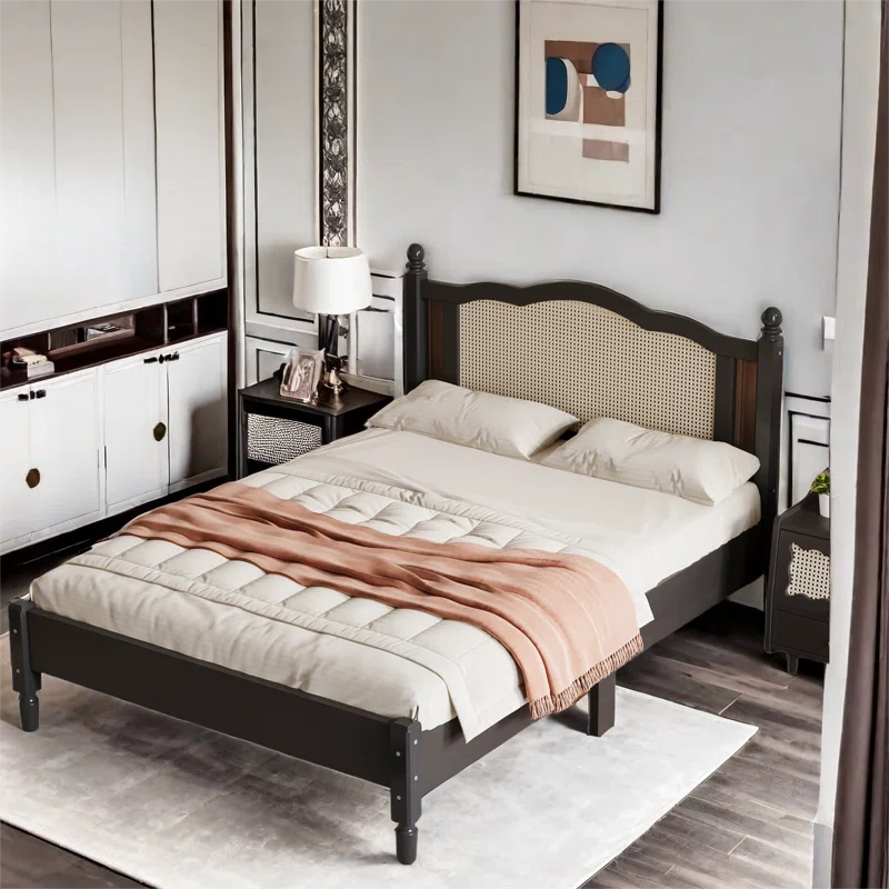 Furnishiaa Style Solid Sheesham Wood & Rattan Platform Bed