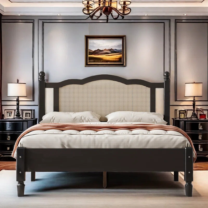 Furnishiaa Style Solid Sheesham Wood & Rattan Platform Bed