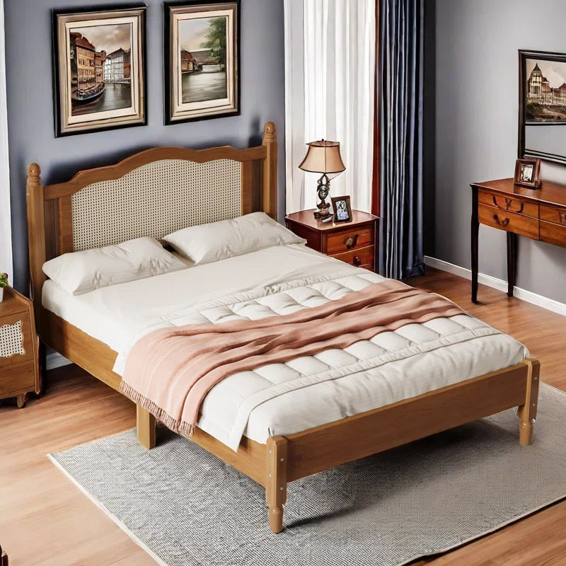 Furnishiaa Style Solid Sheesham Wood & Rattan Platform Bed