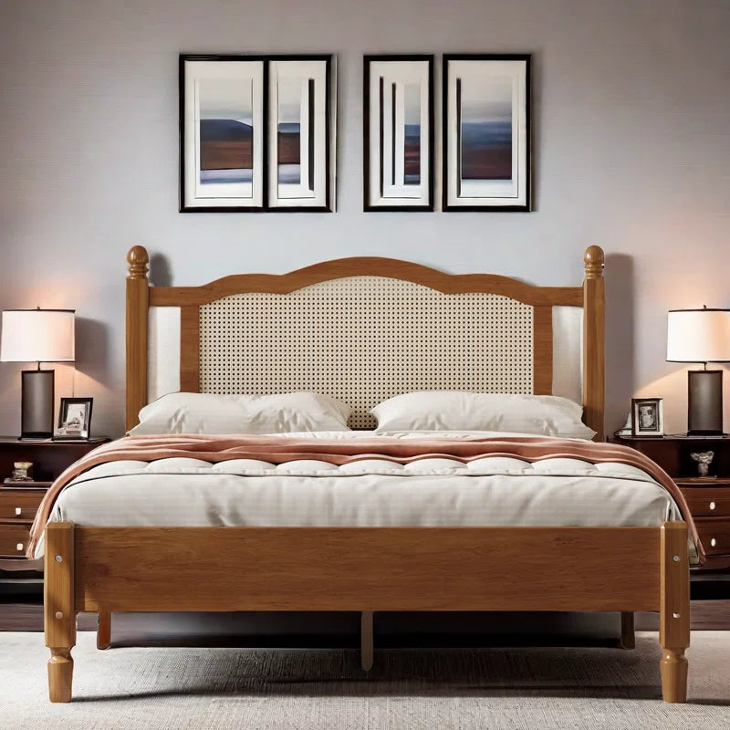 Furnishiaa Style Solid Sheesham Wood & Rattan Platform Bed