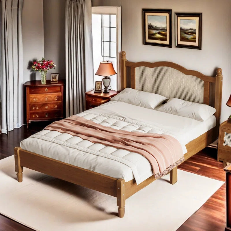 Furnishiaa Style Solid Sheesham Wood & Rattan Platform Bed