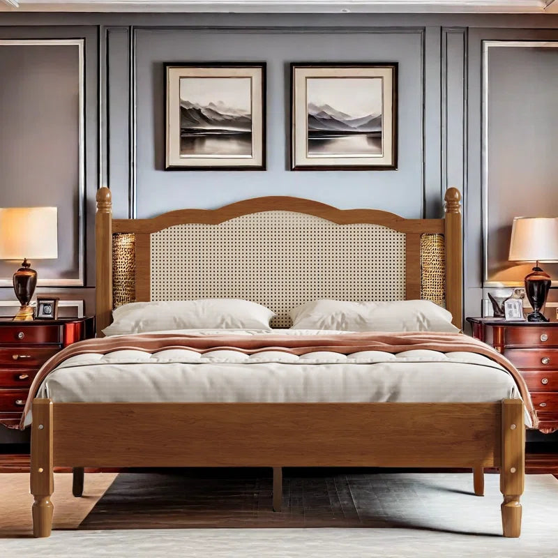 Furnishiaa Style Solid Sheesham Wood & Rattan Platform Bed