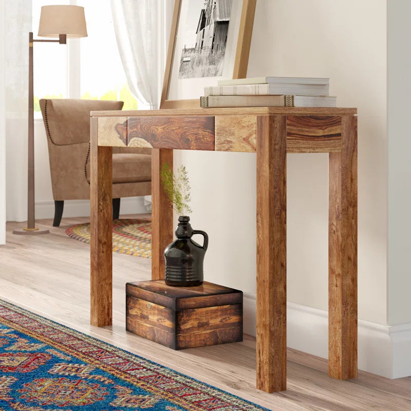 Rustic Solid Sheesham Wood Console Table with Drawer