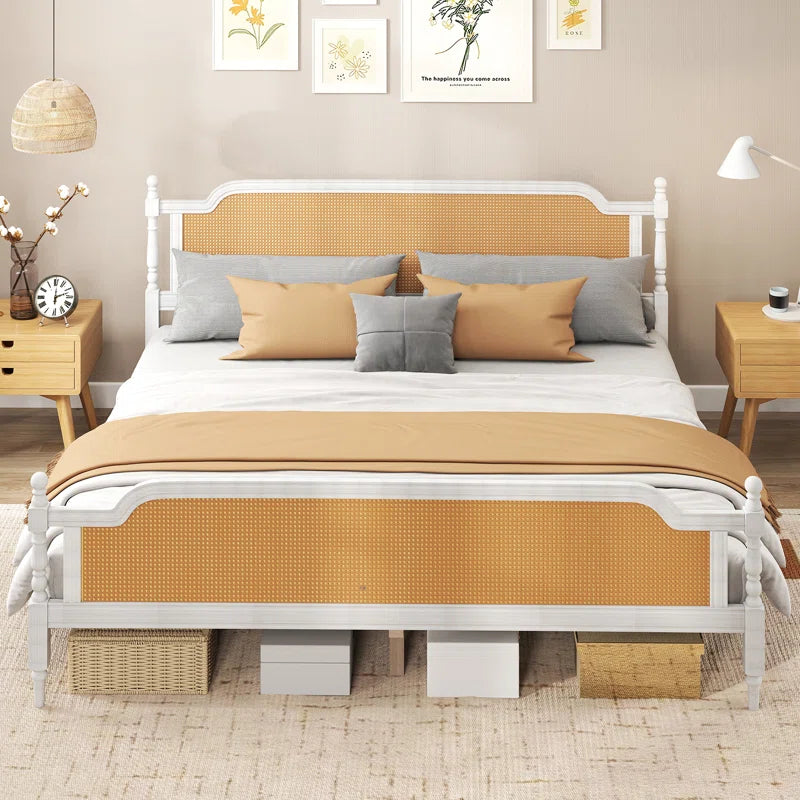 Furnishiaa Solid Sheesham Wood Bed with Handwoven Rattan Headboard