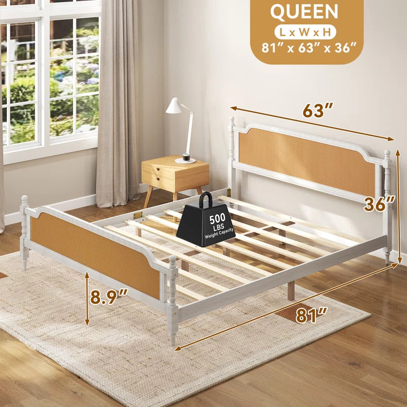 Furnishiaa Solid Sheesham Wood Bed with Handwoven Rattan Headboard