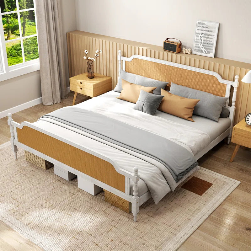 Furnishiaa Solid Sheesham Wood Bed with Handwoven Rattan Headboard