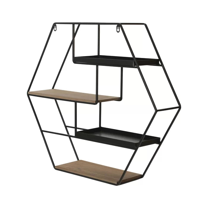 Iron and Solid Sheesham Wood 4 Piece Hexagon Accent Shelf