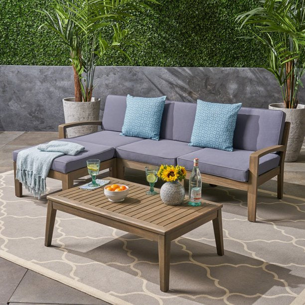 Outdoor 5-Piece 3-Seater Solid Sheesham Wood Sectional Sofa Set, Gray