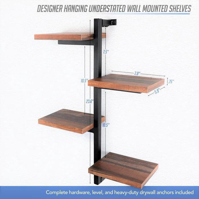 Designer Decorative 4-Arms Black Metal And Wood Frame Display Shelf Floating Wall