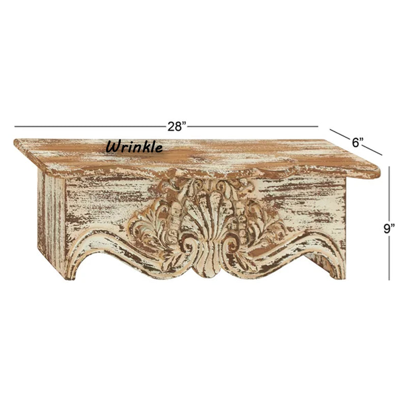 Solid Sheesham Wood Distressed Carving Accent Shelf
