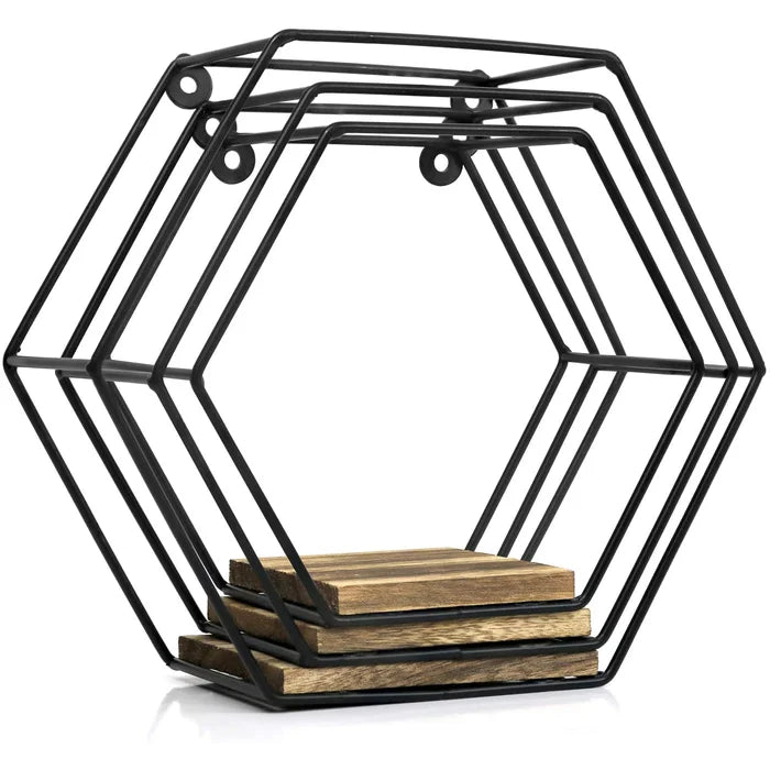 Iron and Solid Sheesham Wood 3 Piece Hexagon Floating Shelf