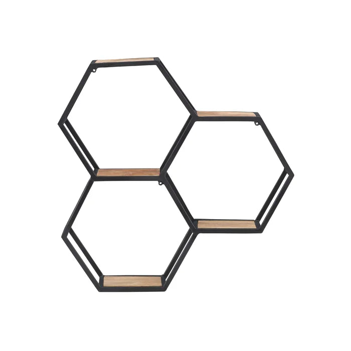 Metal And Solid Sheesham Wood 3 Piece Hexagon Accent Shelf