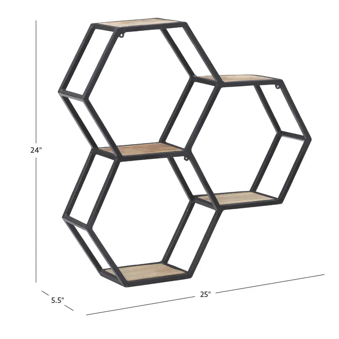 Metal And Solid Sheesham Wood 3 Piece Hexagon Accent Shelf