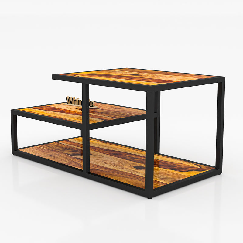 Solid Sheesham Wood & Iron Black Coffee Table For Living Room