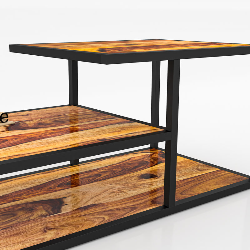 Solid Sheesham Wood & Iron Black Coffee Table For Living Room