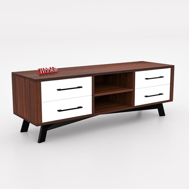 Wrinkle Tv Unit Columbian Walnut With Pu White Drawer In Solid Sheesham Wood With Iron legs