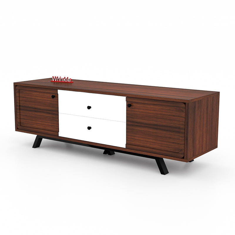 Luxurious Entertainment Cabinet In Walnut With Pu White Drawer (Solid Sheesham Wood With Iron legs)