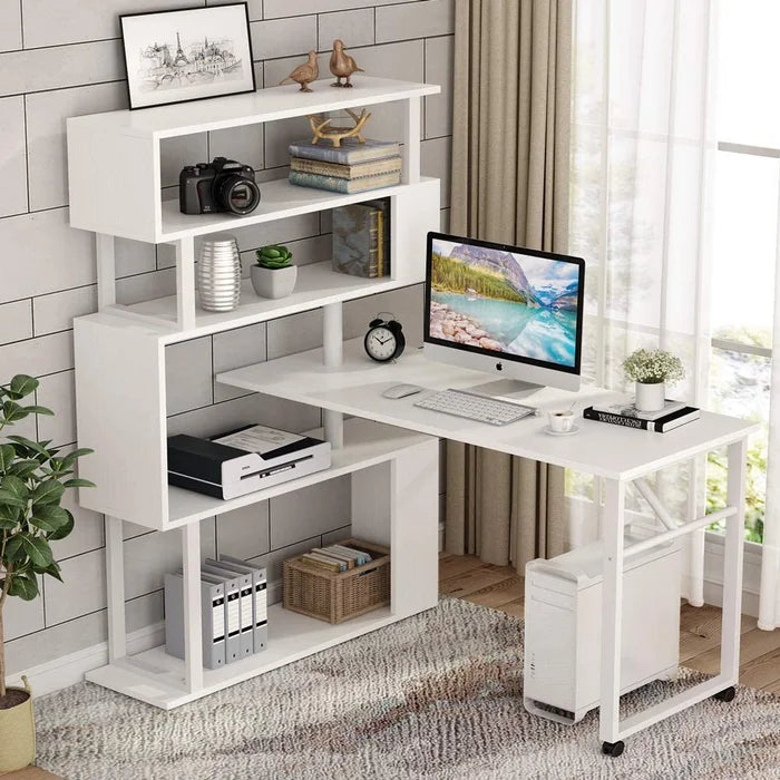 FURNISHIAA White Solid Wood Reversible L Shape PU Study and Computer Table for Home & Office