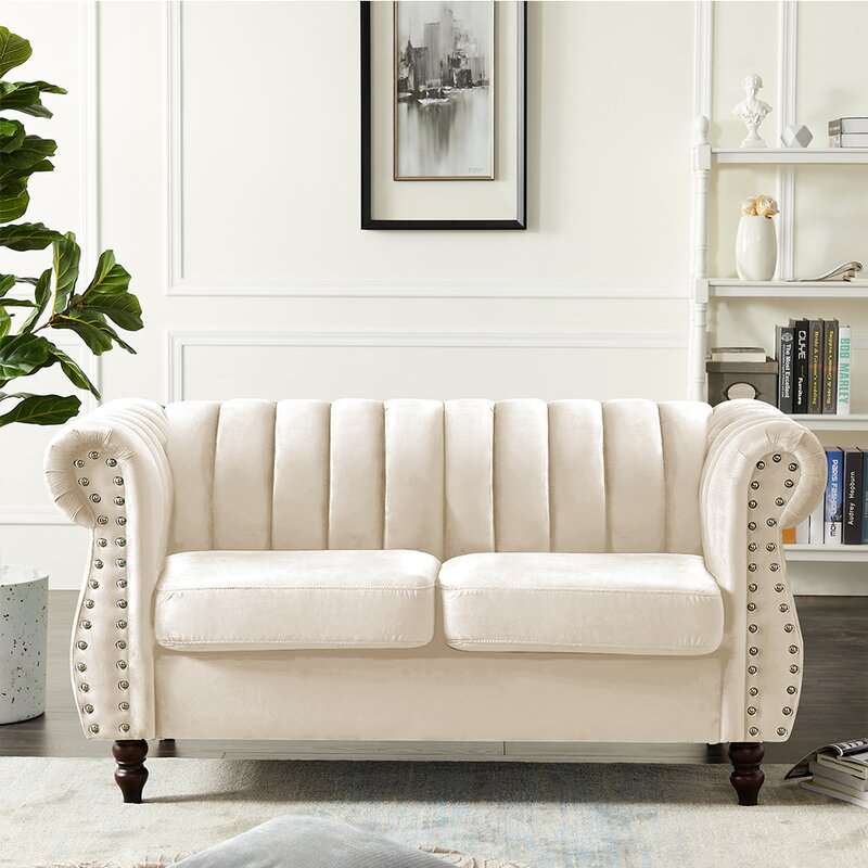 Beige Two-Seater Wooden Sofa For Home