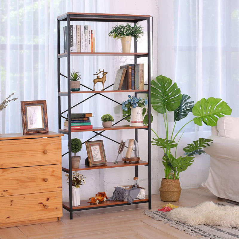 Storage Shelves Industrial 5 Shelf Bookcase Metal and Wooden Bookshelves Rustic Shelves Sturdy Book Stand Shelving Units Decor Display Cabinet Tall Bookshelf for Home Office - Furnishiaa