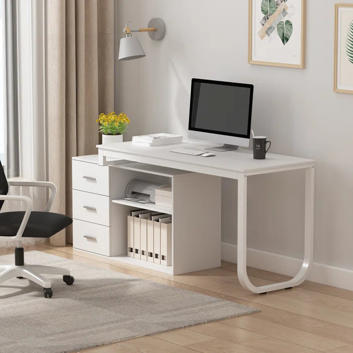 FURNISHIAA Solid Wood Reversible White L Shaped PU Computer Table for Home & Office