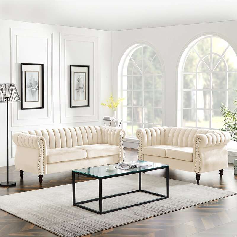Beige Two-Seater Wooden Sofa For Home