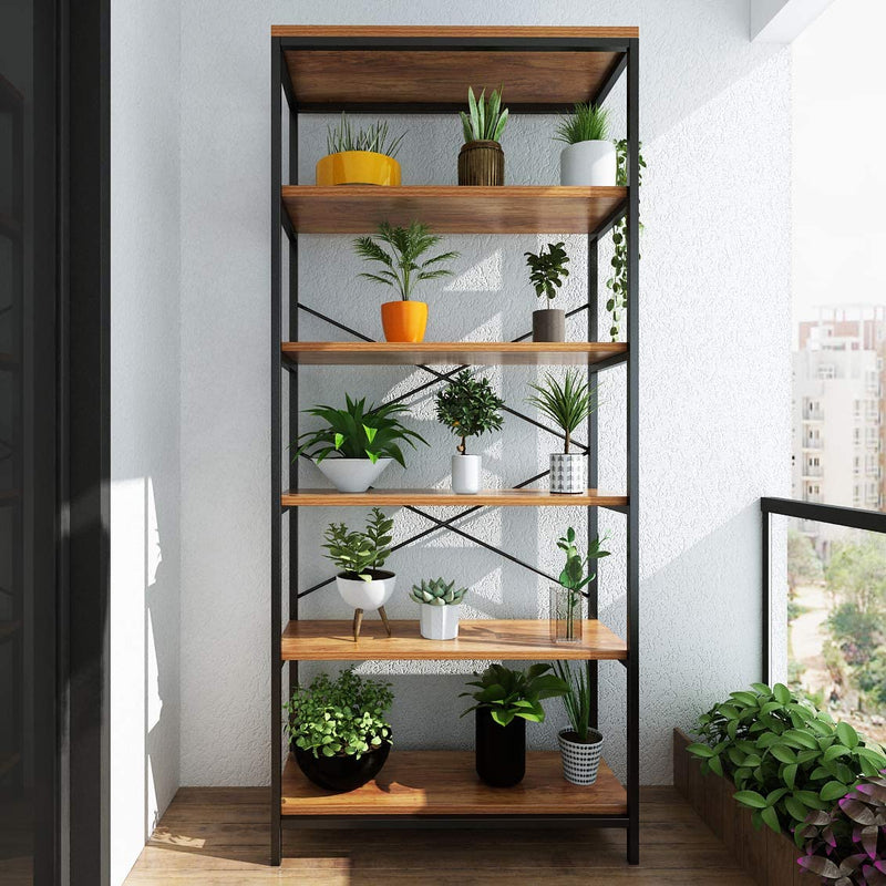 Storage Shelves Industrial 5 Shelf Bookcase Metal and Wooden Bookshelves Rustic Shelves Sturdy Book Stand Shelving Units Decor Display Cabinet Tall Bookshelf for Home Office - Furnishiaa