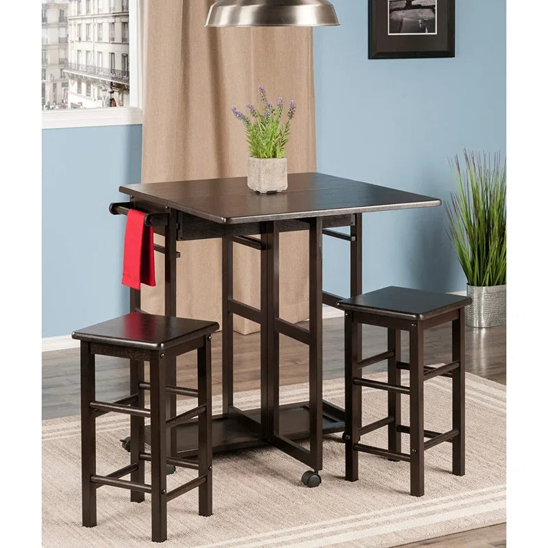 Expendable Solid Wood Foldable Black Dining Table With 2 Stool