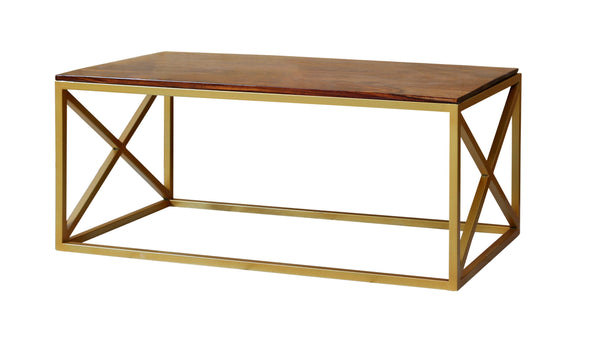 Iron Frame Solid Wood Center Coffee Table Gold for Living Room - Furnishiaa