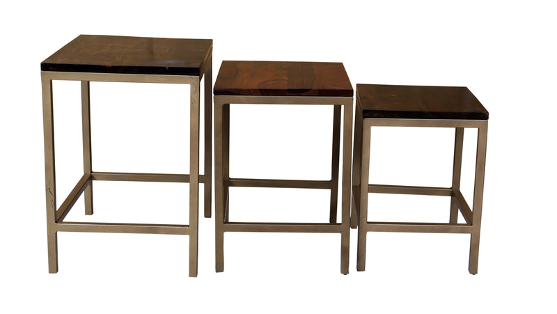 Wooden & Iron Nesting Tables Set of 3 Stools for Home (Gold) - Furnishiaa