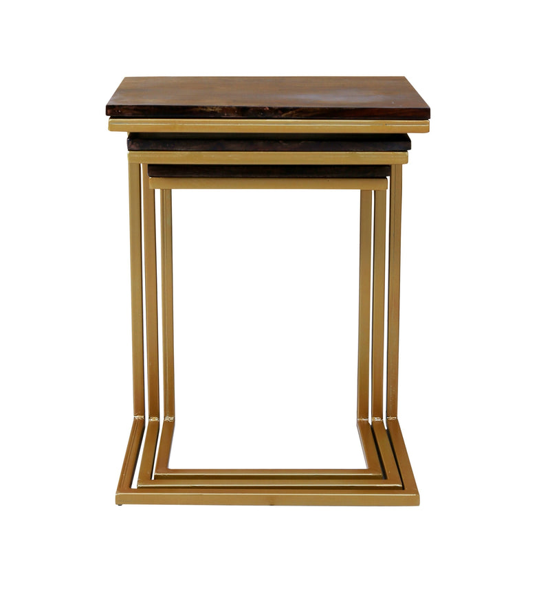 Iron Frame Solid Wood Nesting Tables for Home Set of 3 Stools for Living Room Black - Furnishiaa